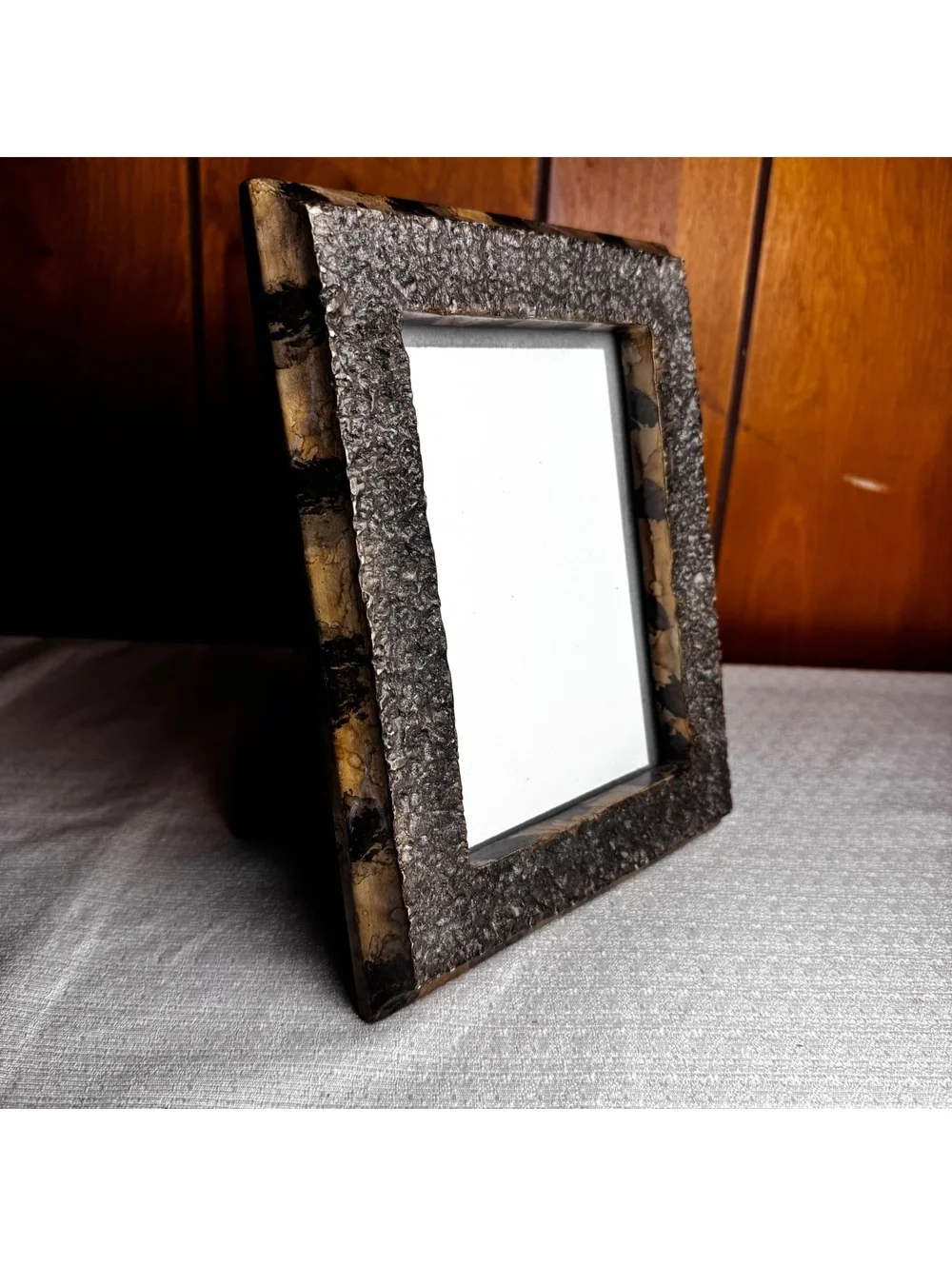 Vintage 5x7 Textured Silver Tone Photo Frame Distressed Black Gold Easel Back